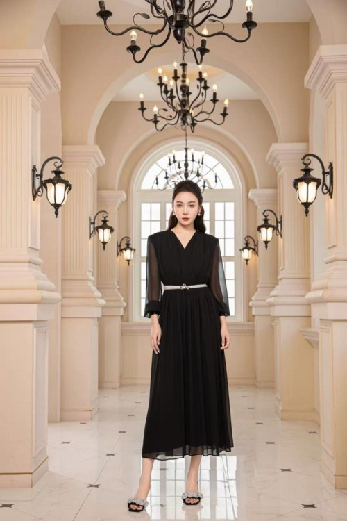 Midnight Elegance Sheer-Sleeve Gown